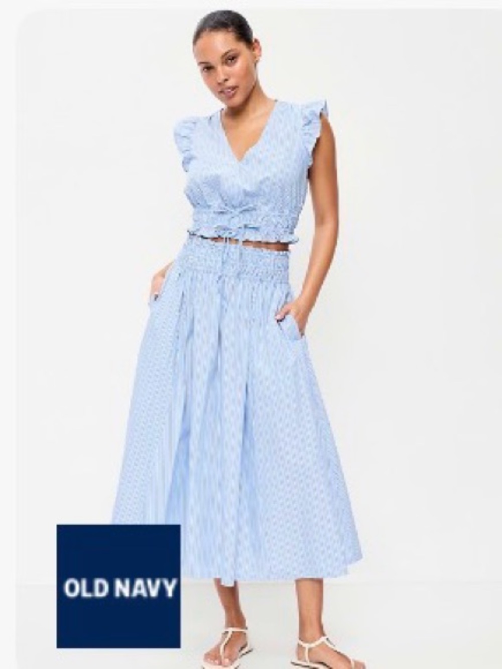 Old Navy Pale Blue/White Striped Maxi Skirt with Smocked Waist